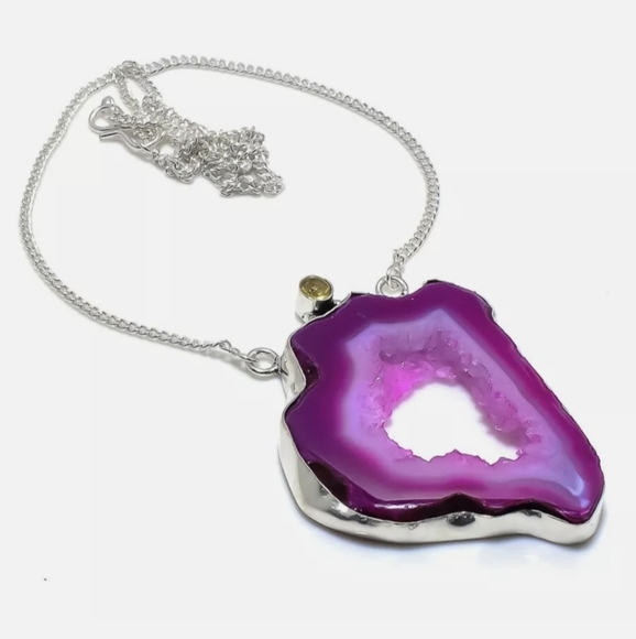 New Pink Agate Druzy & Citrine Silver Necklace. - Picture 1 of 16